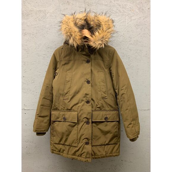 J.Crew Women's Hooded Parka Coat Size Small Green Faux Fur Trim Down Insulated‎ - Picture 1 of 11